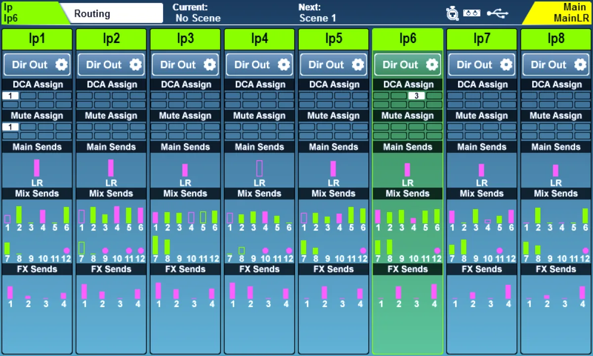 SQ touchscreen: Routing page overview (direct out, DCA, sends) (firmware V1.6)