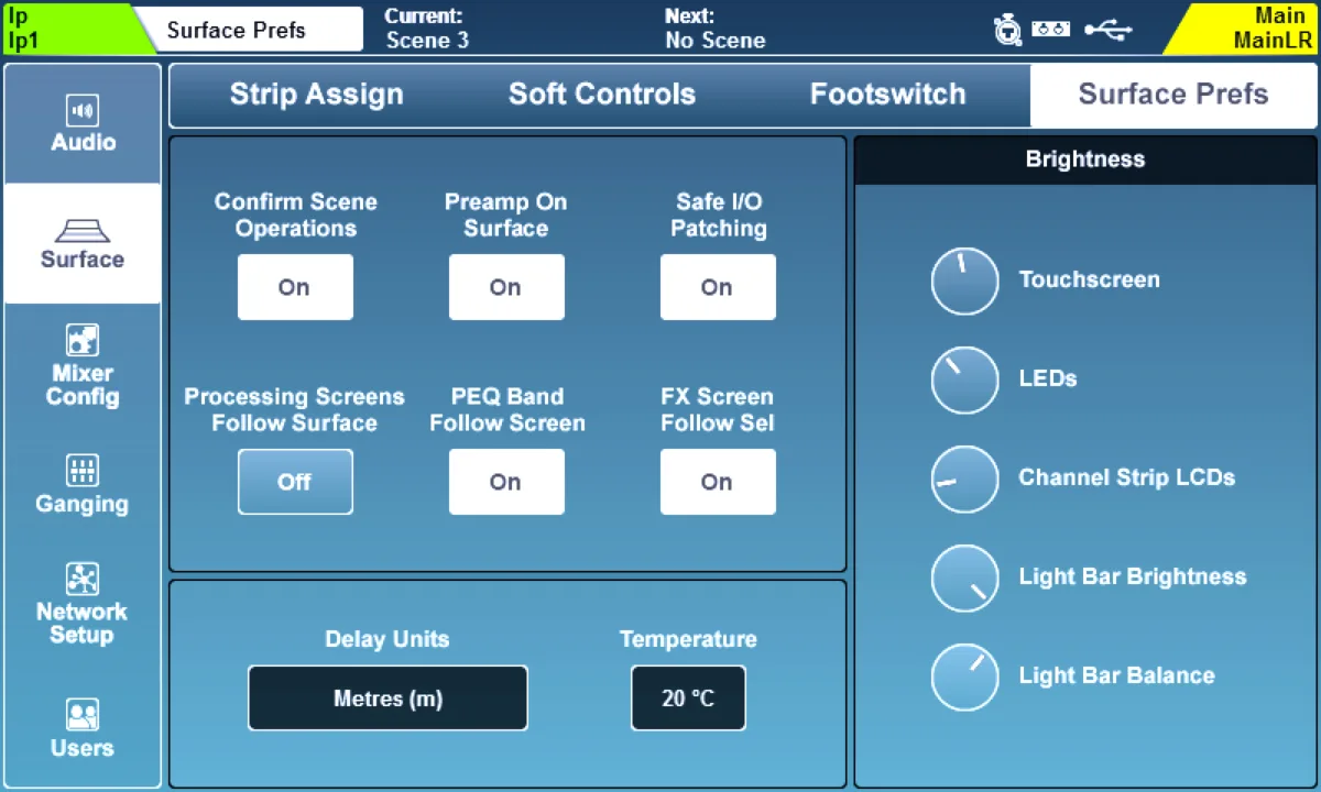 SQ touchscreen: Setup > Surface Prefs page: surface preferences and brightness (firmware V1.6)