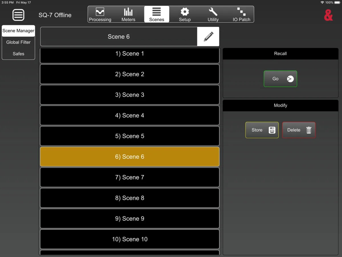 SQ MixPad in Offline mode (SQ-7 session): Scene Manager