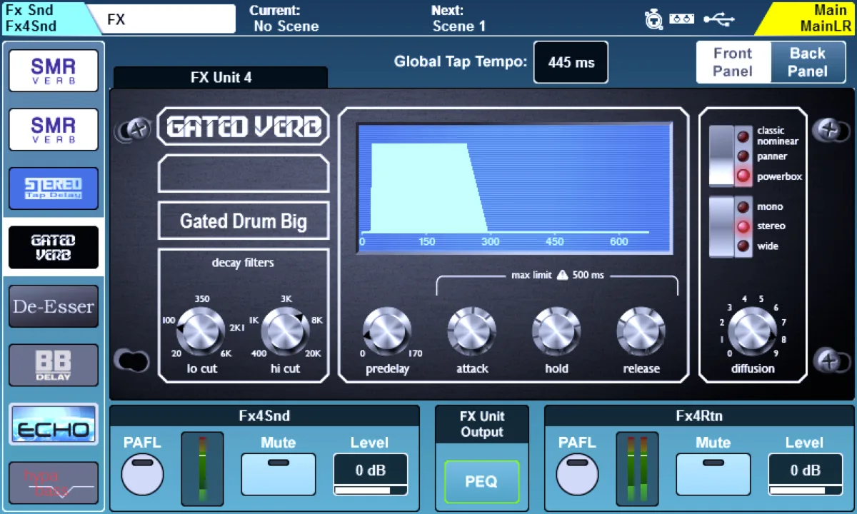 SQ touchscreen: FX page: effects rack (Gated Verb) (firmware V1.6)