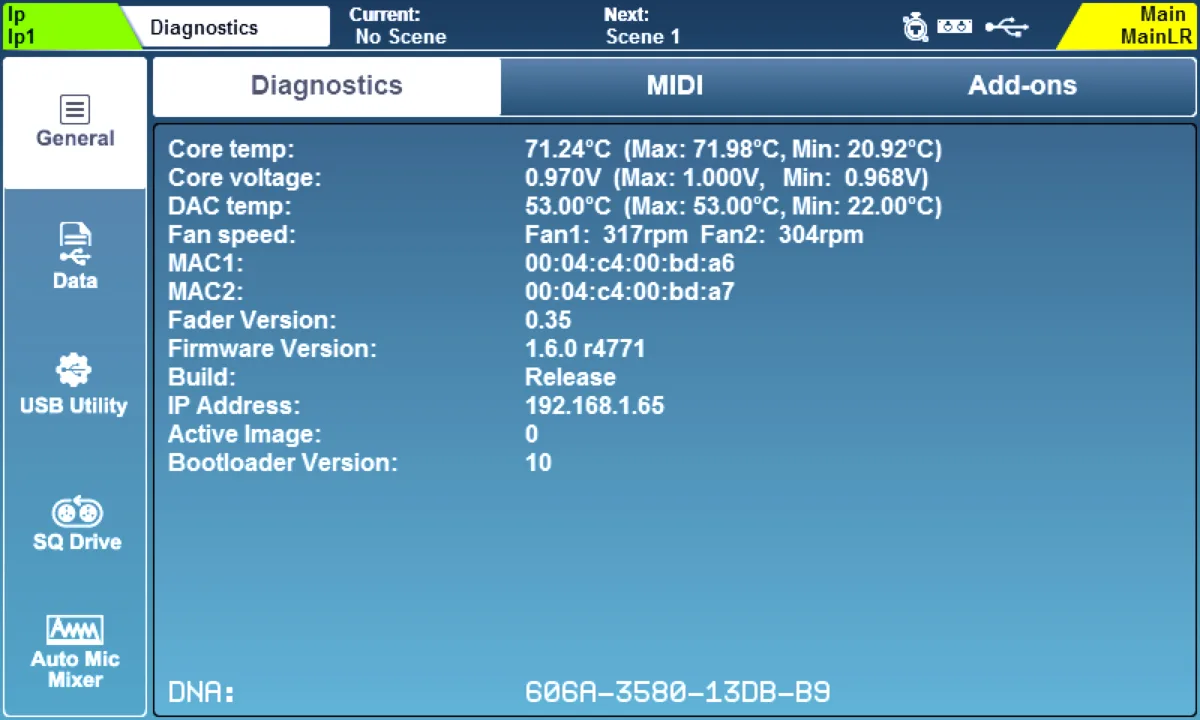 SQ touchscreen: Utility > Diagnostics page (versions, temperatures) (firmware V1.6)