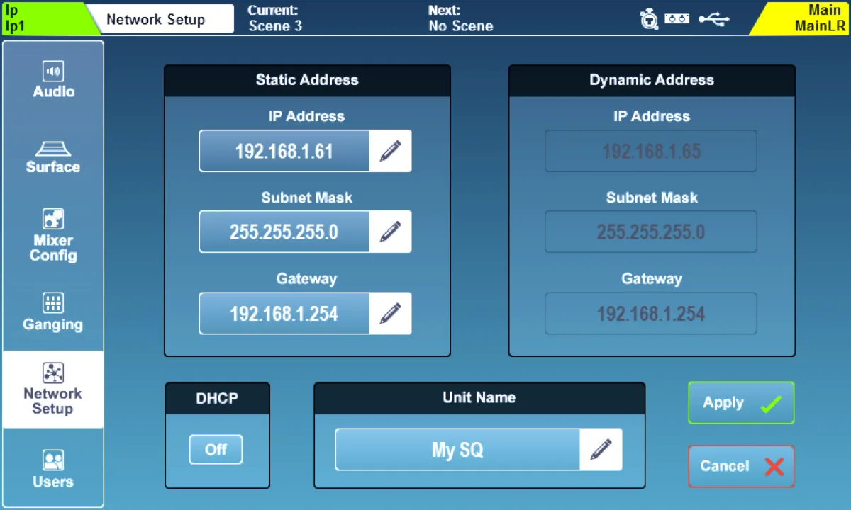 SQ touchscreen: Setup > Network Setup page (firmware V1.6)