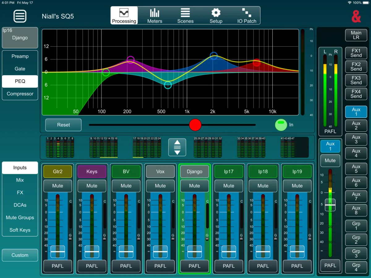 SQ MixPad on iPad, online: PEQ page and faders