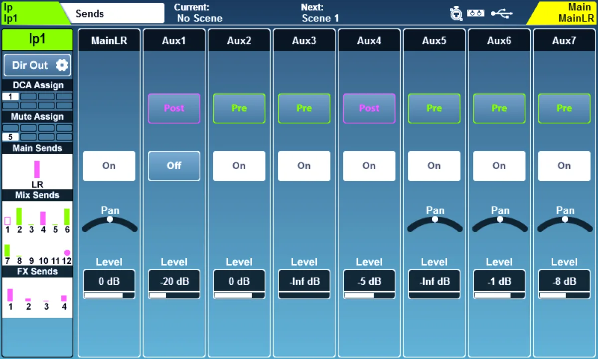 SQ touchscreen: Sends page: channel sends to mixes (firmware V1.6)