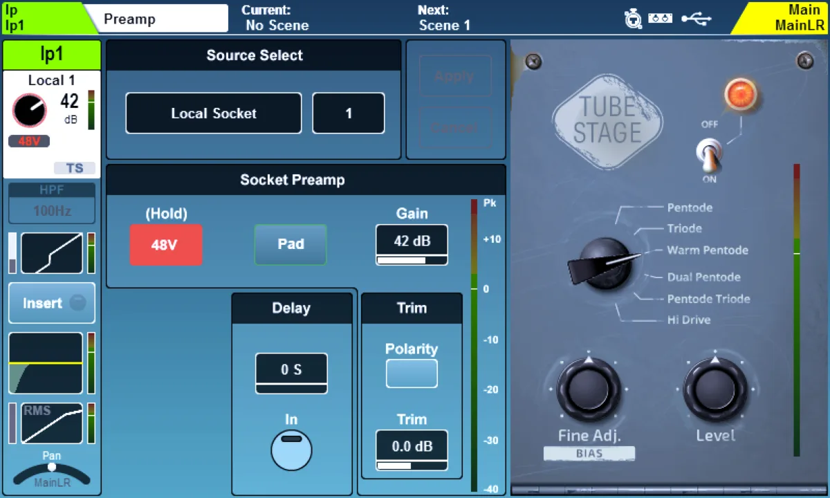 SQ touchscreen: Preamp page with the DEEP Tube Stage model (firmware V1.6)