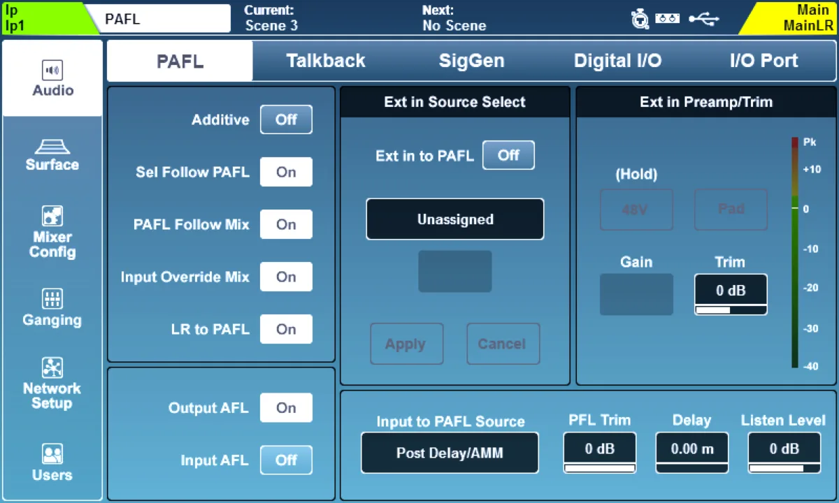 SQ touchscreen: Setup > PAFL page: monitoring settings (firmware V1.6)
