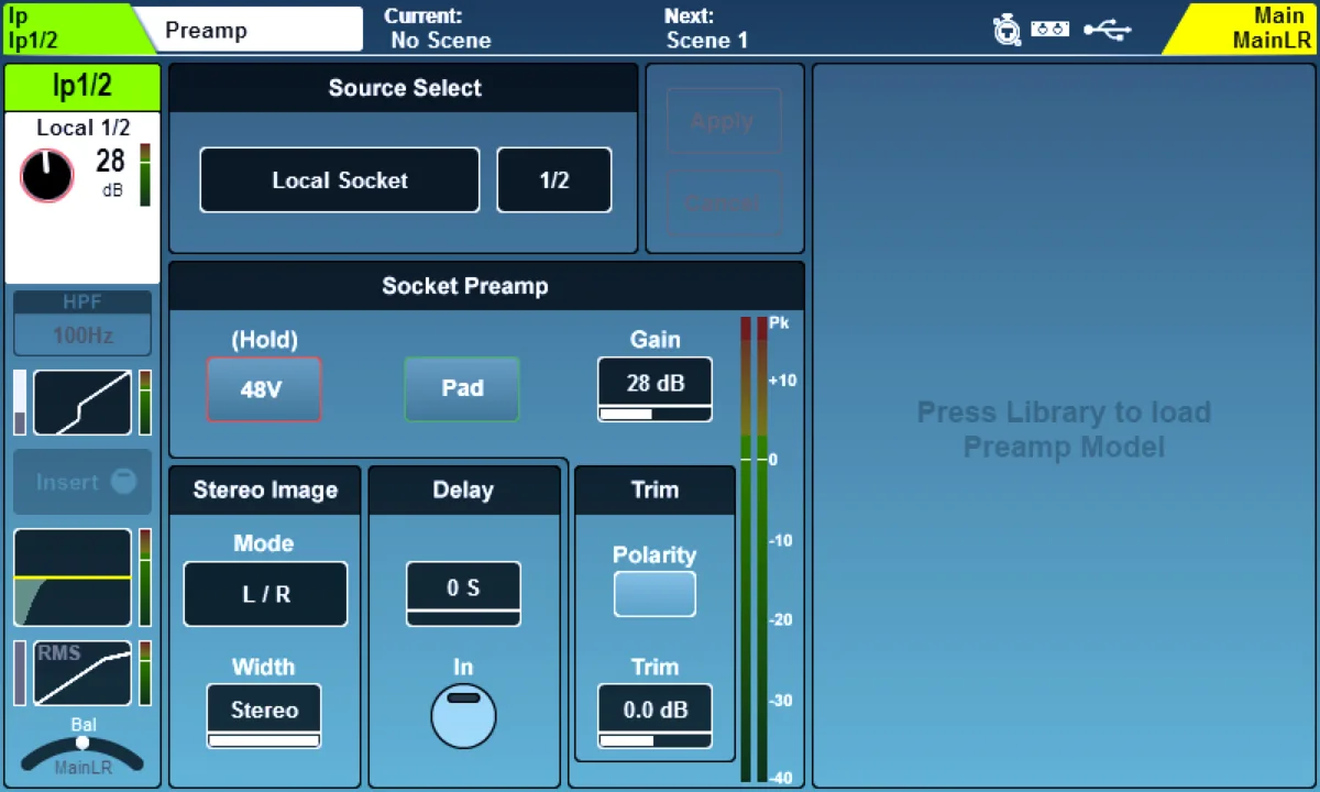 SQ touchscreen: Preamp page: source, 48V, Pad, gain, stereo image, delay and trim (firmware V1.6)