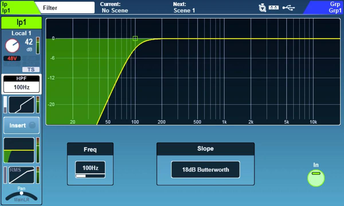 SQ touchscreen: Filter (HPF) page: frequency and slope (firmware V1.6)
