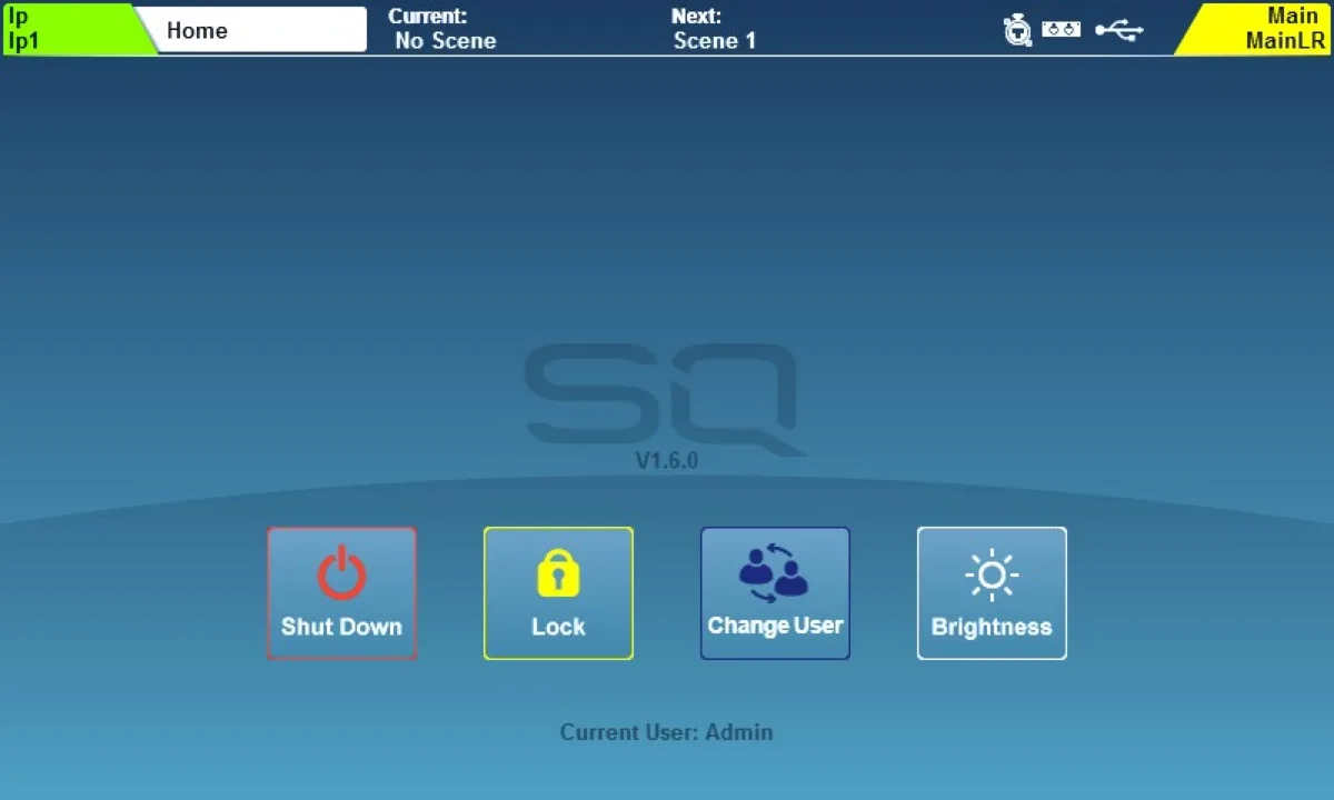 SQ touchscreen: Home screen (shut down, lock, change user, brightness) (firmware V1.6)