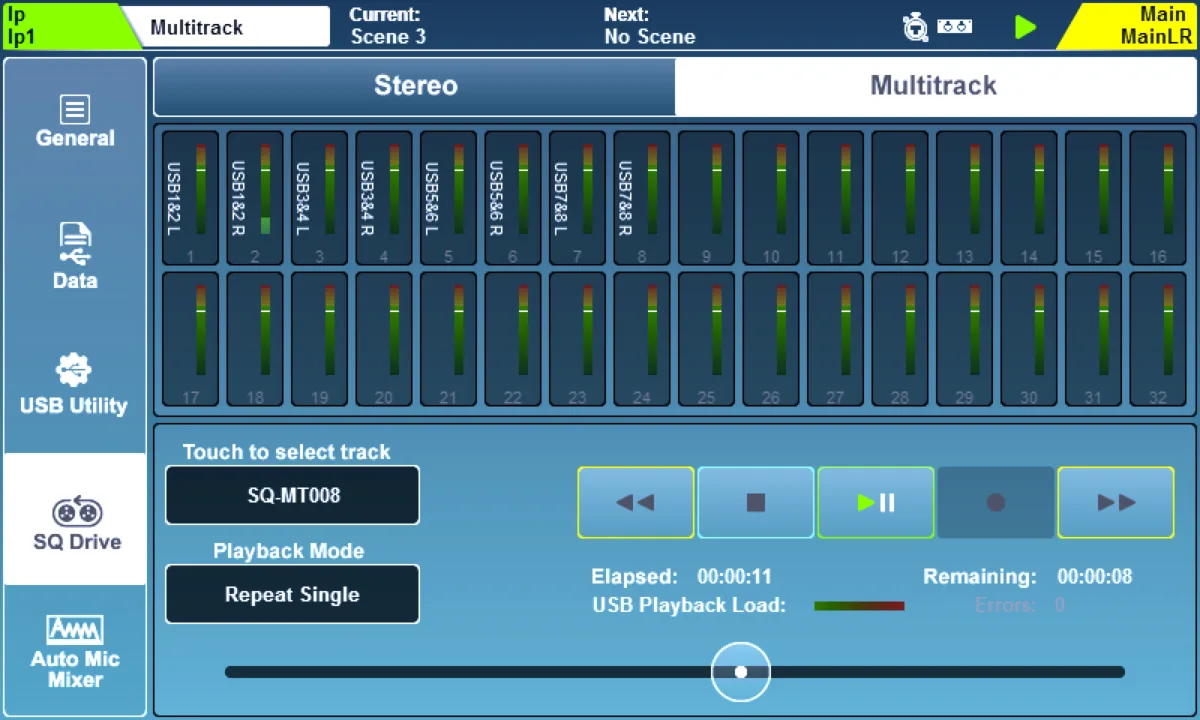 SQ touchscreen: Utility > SQ-Drive page: USB multitrack recording (firmware V1.6)