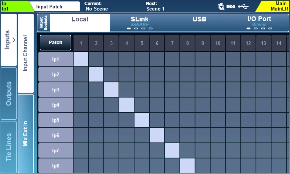 SQ touchscreen: I/O Input Patch page (Local, SLink, USB, I/O Port) (firmware V1.6)