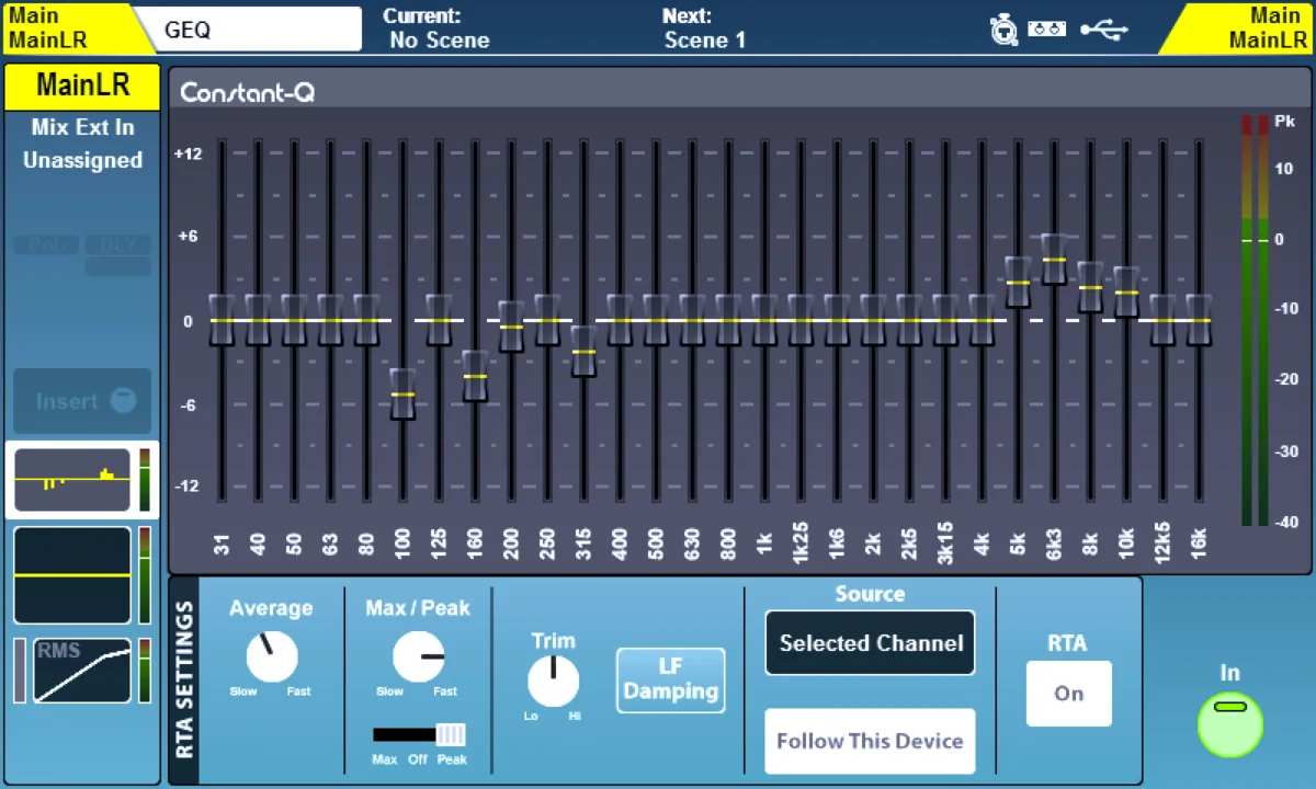 SQ touchscreen: GEQ page: 31-band Constant-Q on MainLR, with RTA (firmware V1.6)