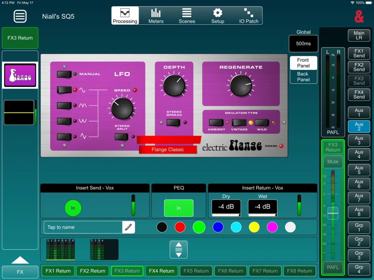 SQ MixPad on iPad, online: FX rack (Flange)