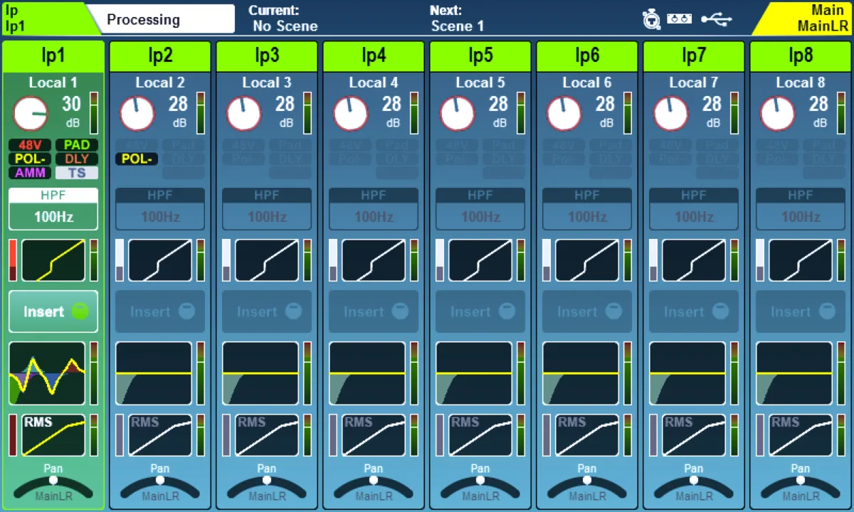 SQ touchscreen: Processing page, 8-channel overview of the current layer (firmware V1.6)