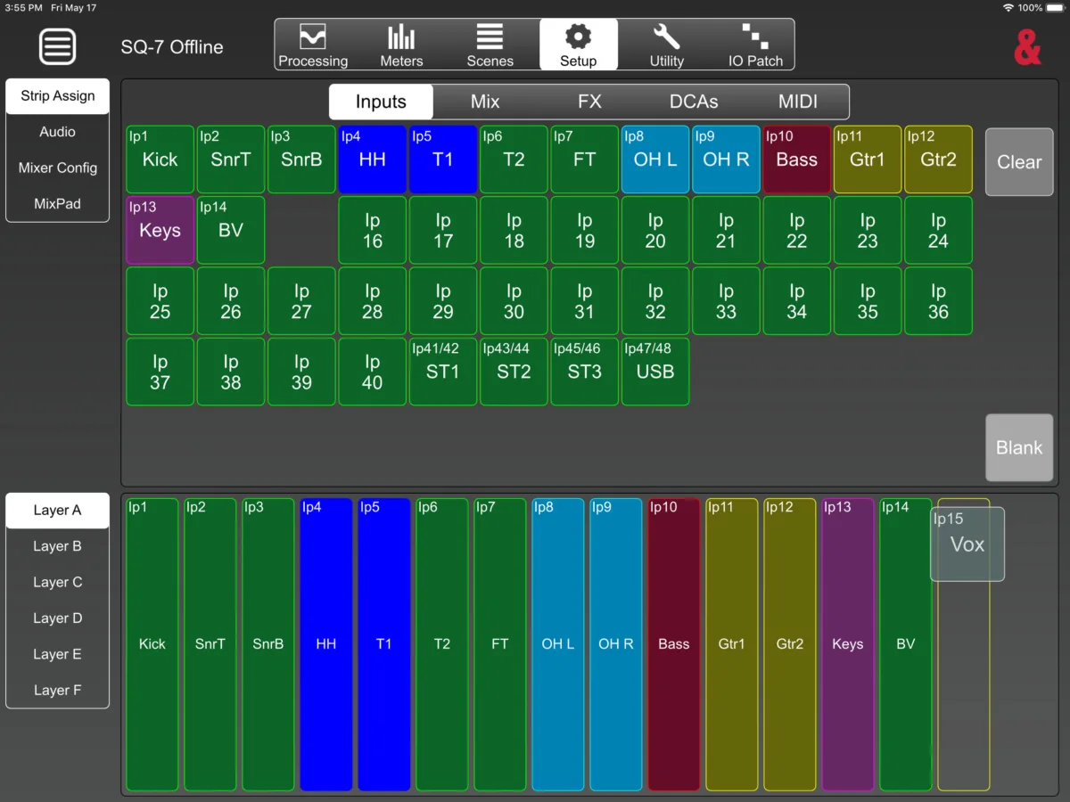 SQ MixPad in Offline mode (SQ-7 session): Strip Assign