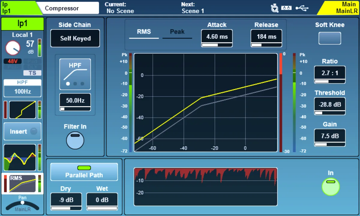 SQ touchscreen: Compressor page: side-chain, RMS/Peak, ratio, threshold, parallel path (firmware V1.6)