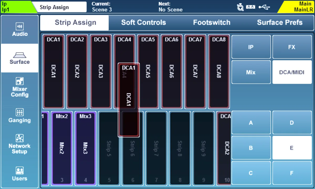 SQ touchscreen: Setup > Strip Assign page: fader layer assignment (firmware V1.6)