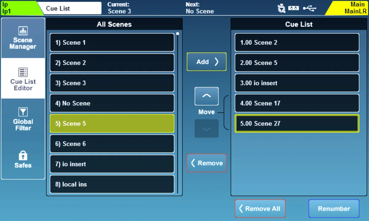 SQ touchscreen: Cue List page (firmware V1.6)