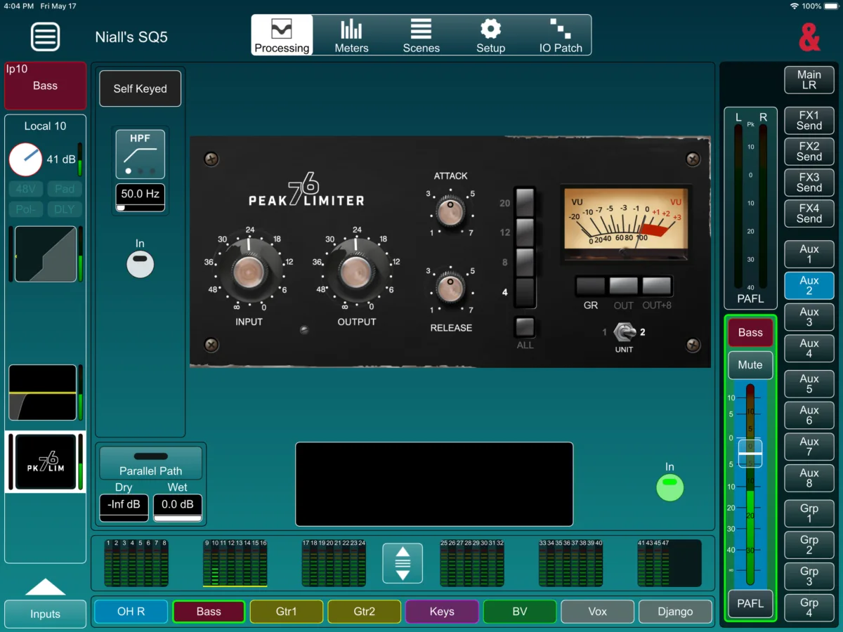 SQ MixPad on iPad, online: Peak Limiter 76 insert