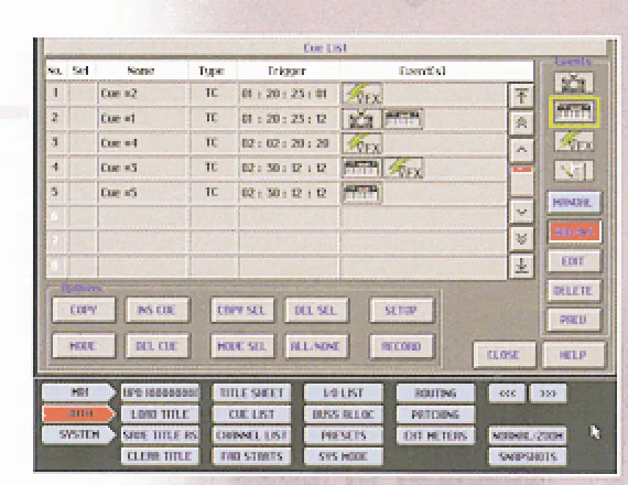 Liste de cues de l'automation du DMS, déclenchées au timecode