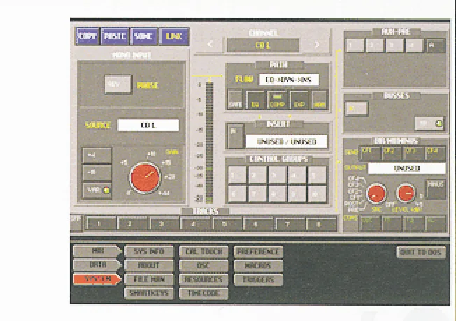 Écran de configuration de voie du DMS : source, gain, chemin EQ, dynamiques et insert, bus