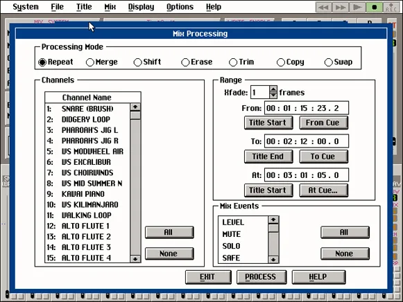 Supertrue V3, fenêtre Mix Processing : traitement des données de mix par tranche et par plage de timecode