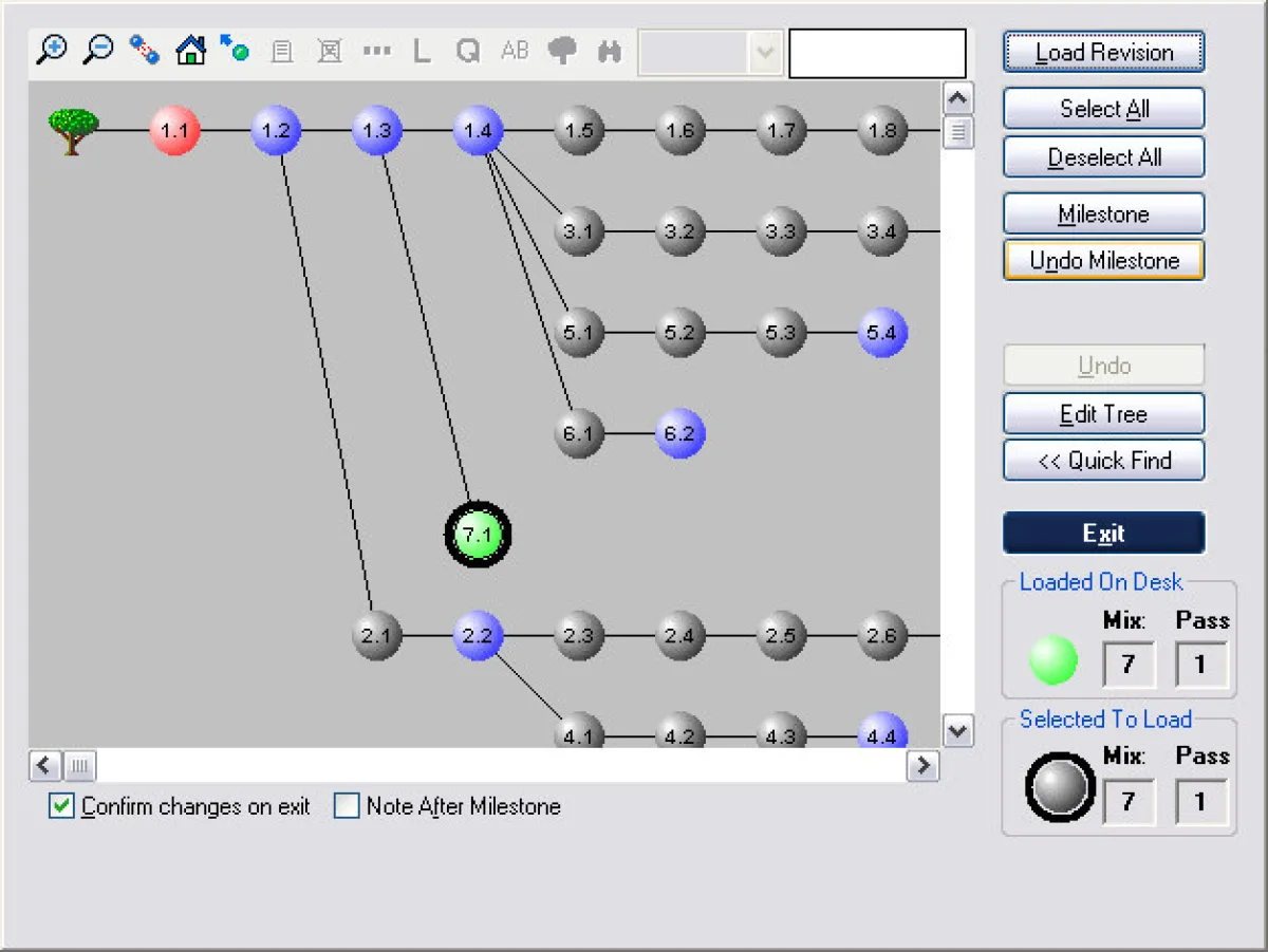Arbre des révisions de mix d'Encore sur 88D : passes, jalons et chargement d'une révision (capture agrandie 2x)