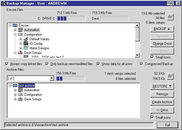DFC Gemini Encore screen: Backup Manager