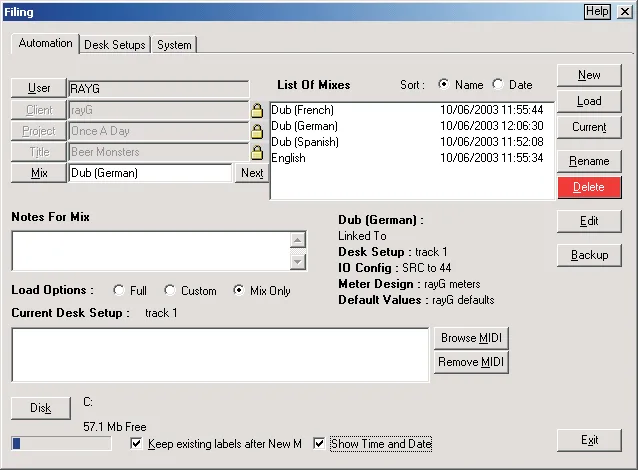 DFC Gemini Encore screen: Filing, mix management