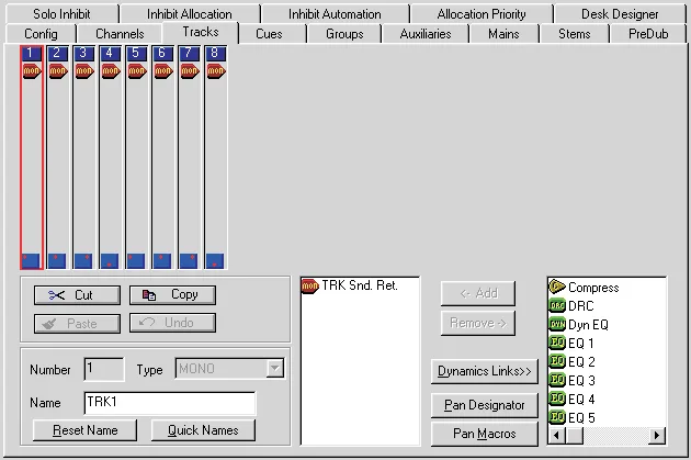 DFC Gemini Encore screen: Desk Edit, Tracks page: processing and pan designators