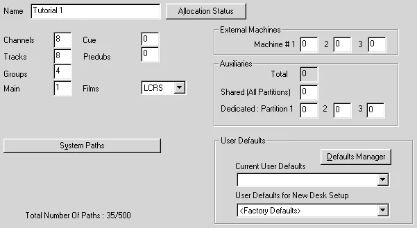 DFC Gemini Encore screen: Desk Edit, Config page: number of channels, tracks, groups and films