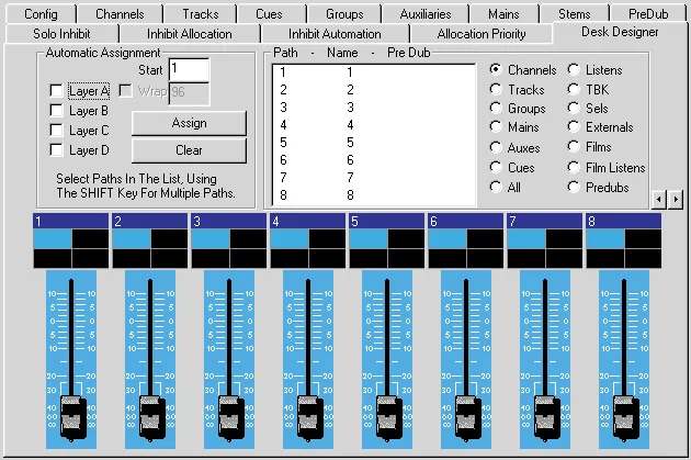 DFC Gemini Encore screen: Desk Edit, path placement on the faders