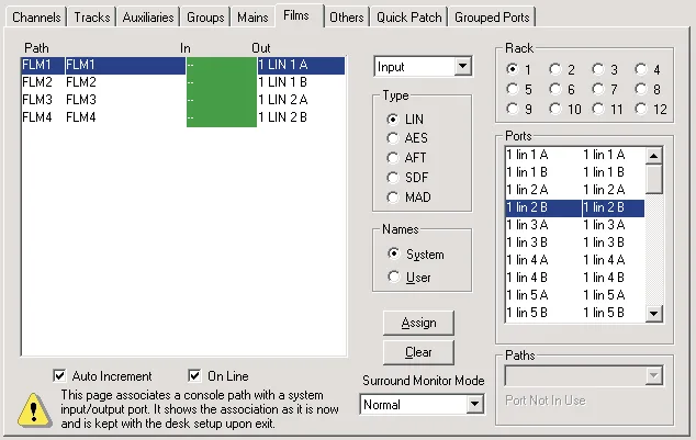 DFC Gemini Encore screen: Input and output port assignment, Films page