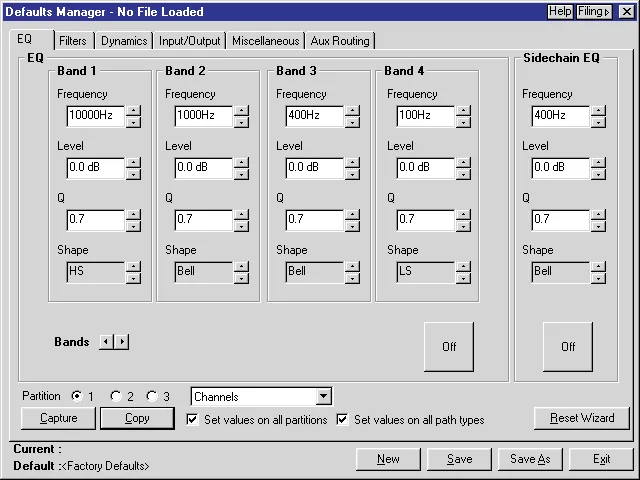 DFC Gemini Encore screen: Defaults Manager
