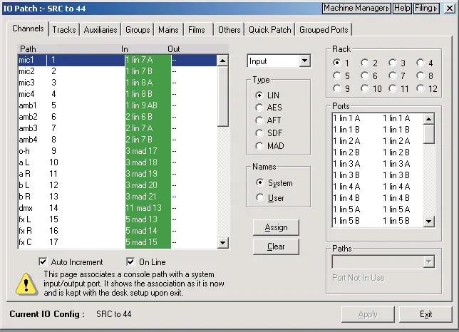 DFC Gemini Encore screen: I/O Patching