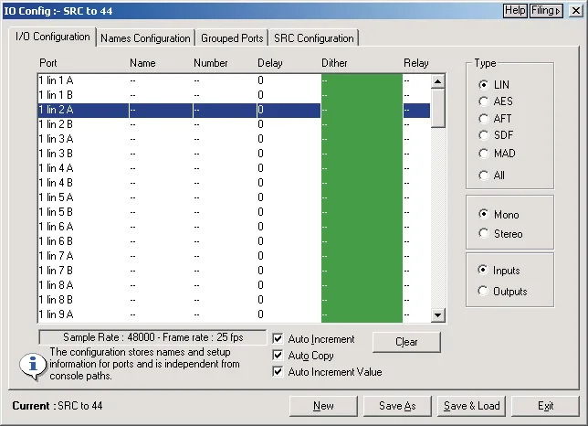 DFC Gemini Encore screen: I/O Config