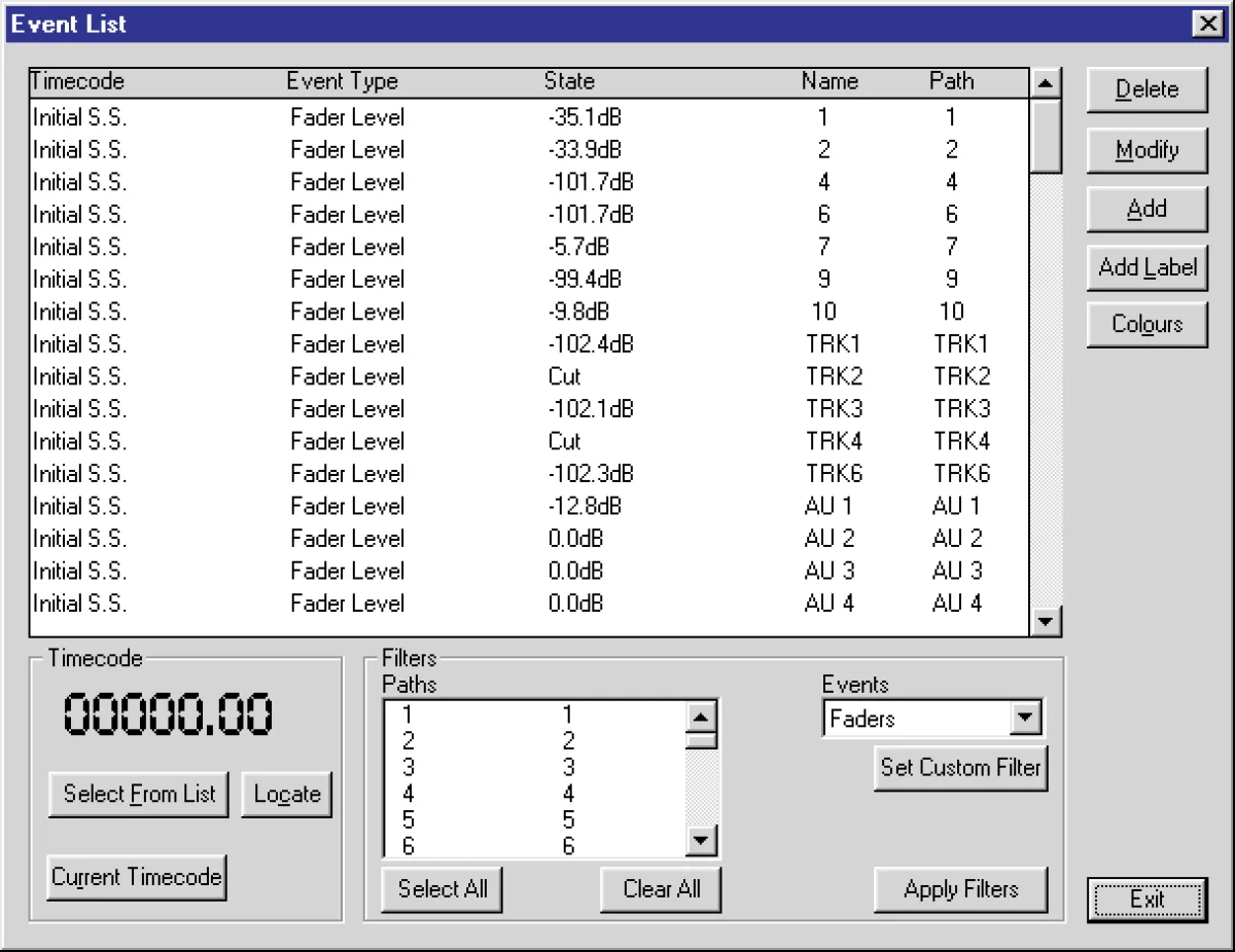 Event List d'Encore : liste des événements d'automation avec timecode, type, valeur et chemin (capture agrandie 2x)