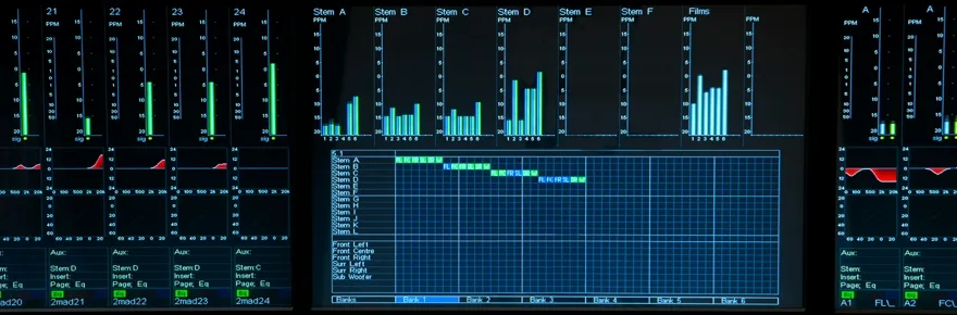 Écrans de métrage master de la DFC Gemini : stems A à F, films et grille d'assignation des stems