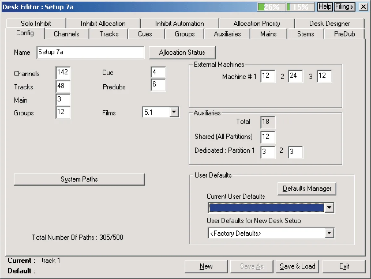 Desk Editor d'Encore : configuration d'un setup DFC Gemini, nombre de canaux, pistes, groupes, auxiliaires et machines externes (capture agrandie 2x)