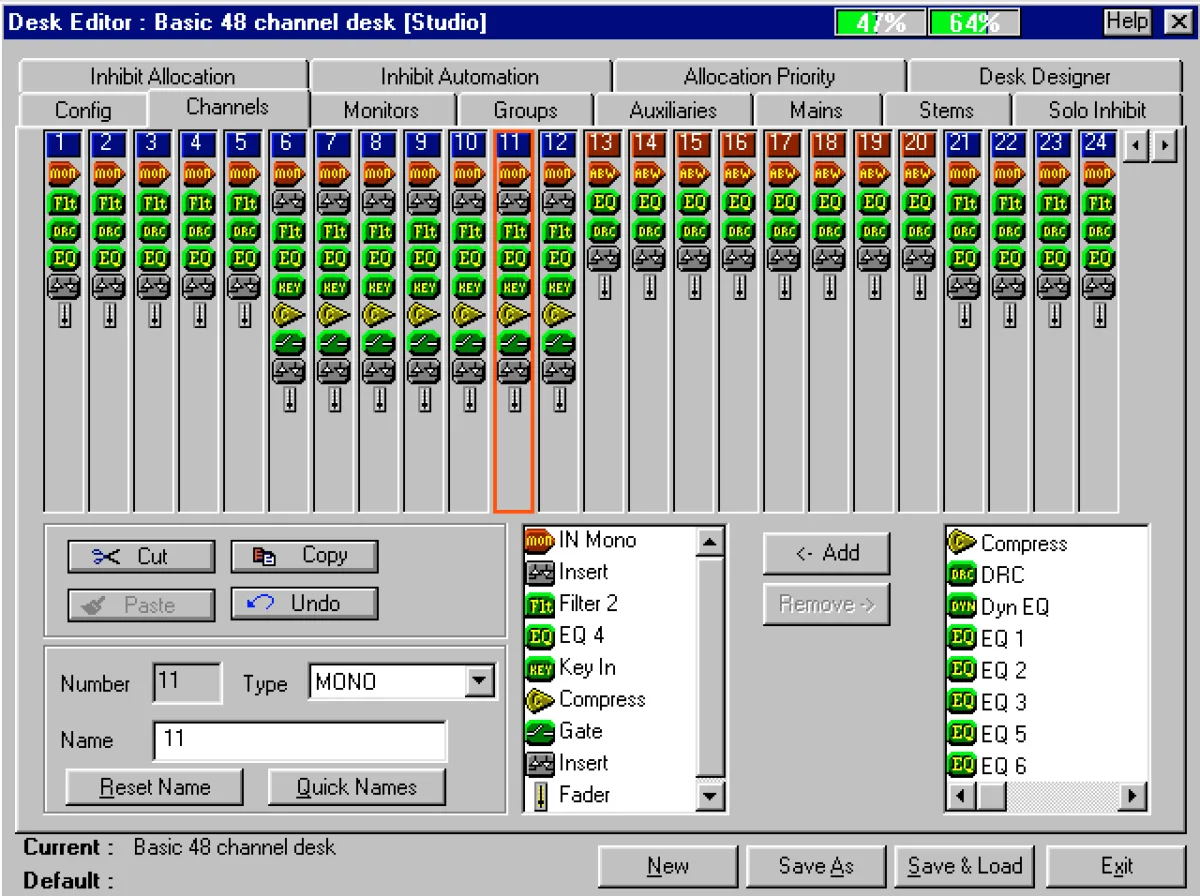 Desk Editor d'Encore sur Libra Live Series II : allocation des chemins et des traitements par tranche (capture agrandie 2x)