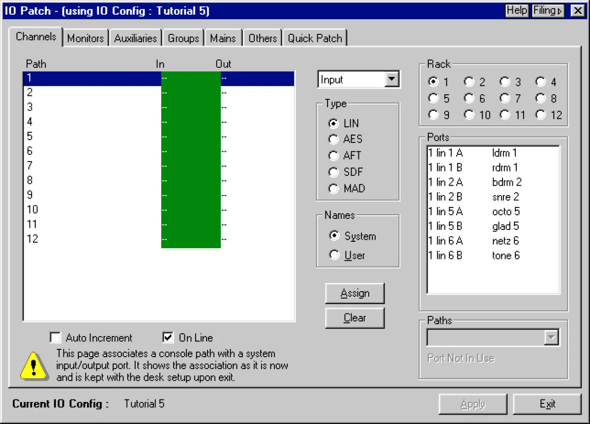 IO Patch d'Encore sur Libra Live Series II : association des chemins de la console aux ports d'entrée et de sortie des racks (capture agrandie 2x)