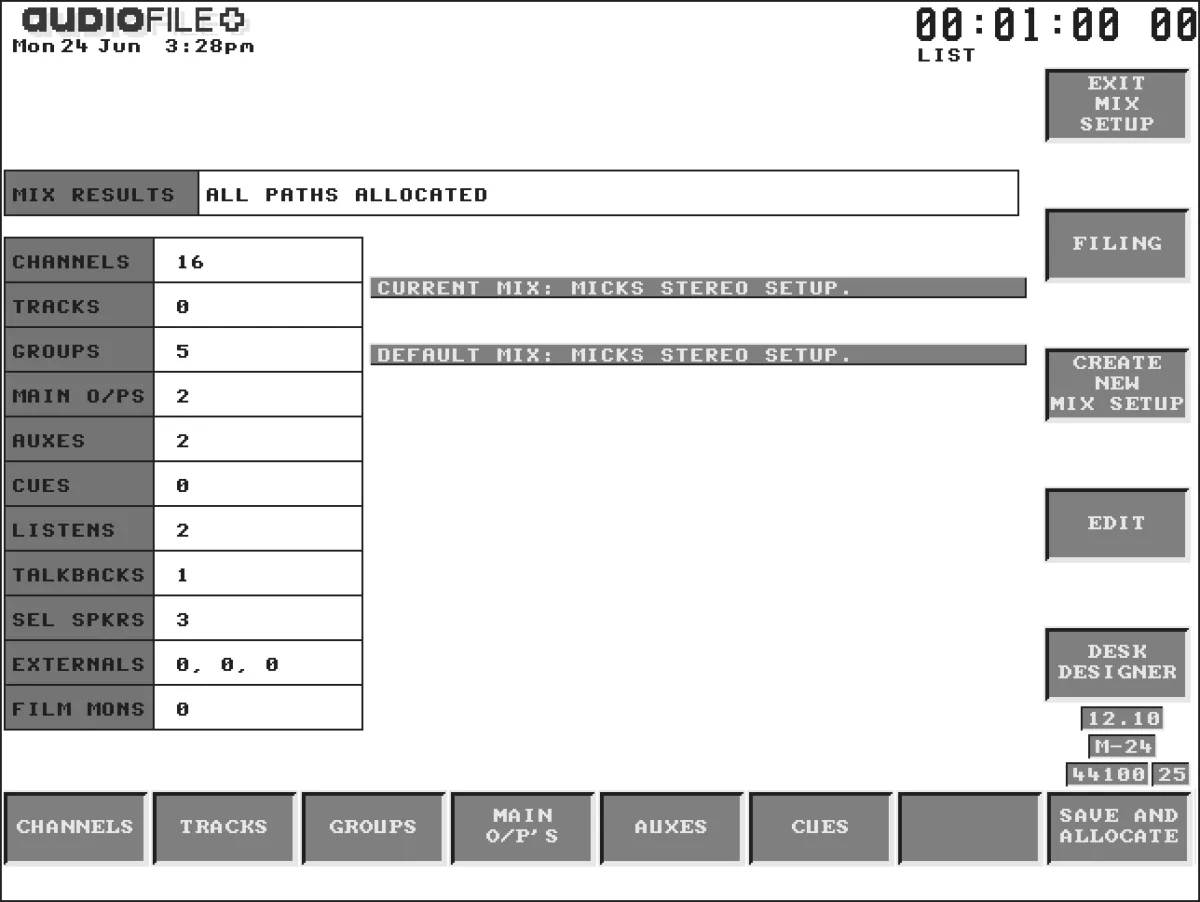Logic 3, Mix Setup console configuration page, gateway to Desk Designer, manual screenshot shown on the AudioFile, enlarged x2
