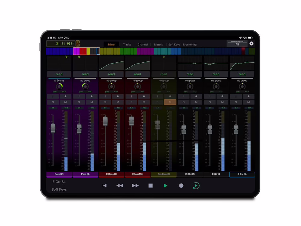 Pro Tools Control app on a tablet: mixer view, metering and faders.