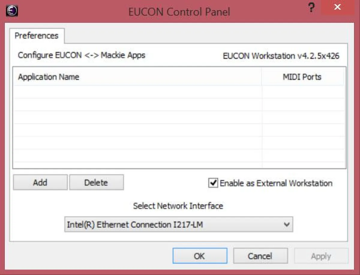EUCON Control Panel (capture from the Pro Tools | Control guide)