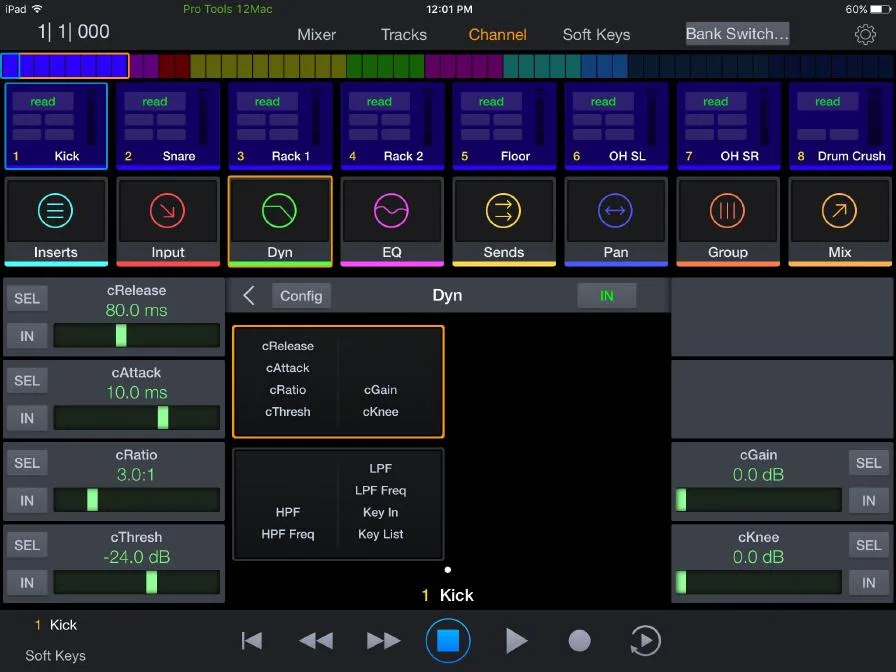 Pro Tools | Control Channel view, dynamics (capture from the Pro Tools | Control guide)