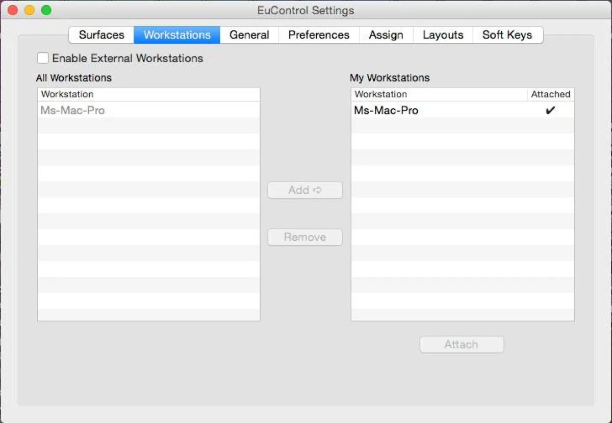 EuControl Workstations tab (capture from the Pro Tools | Control guide)