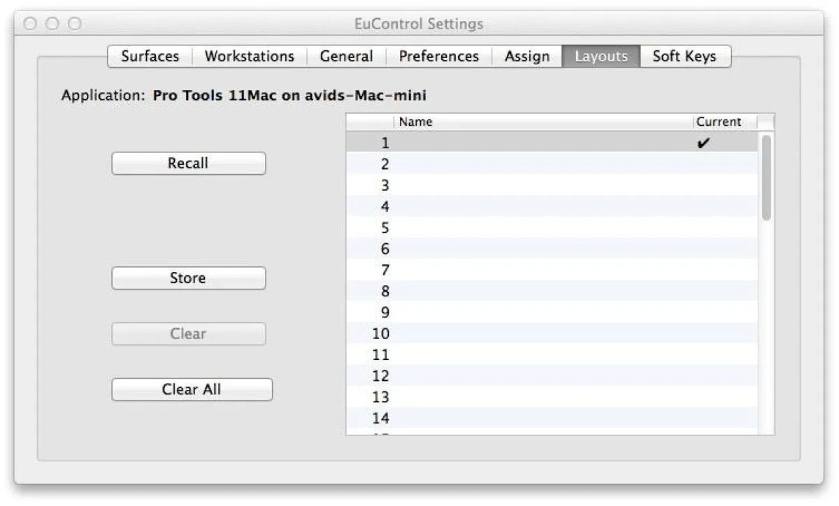EuControl Layouts tab (capture from the Pro Tools | Control guide)