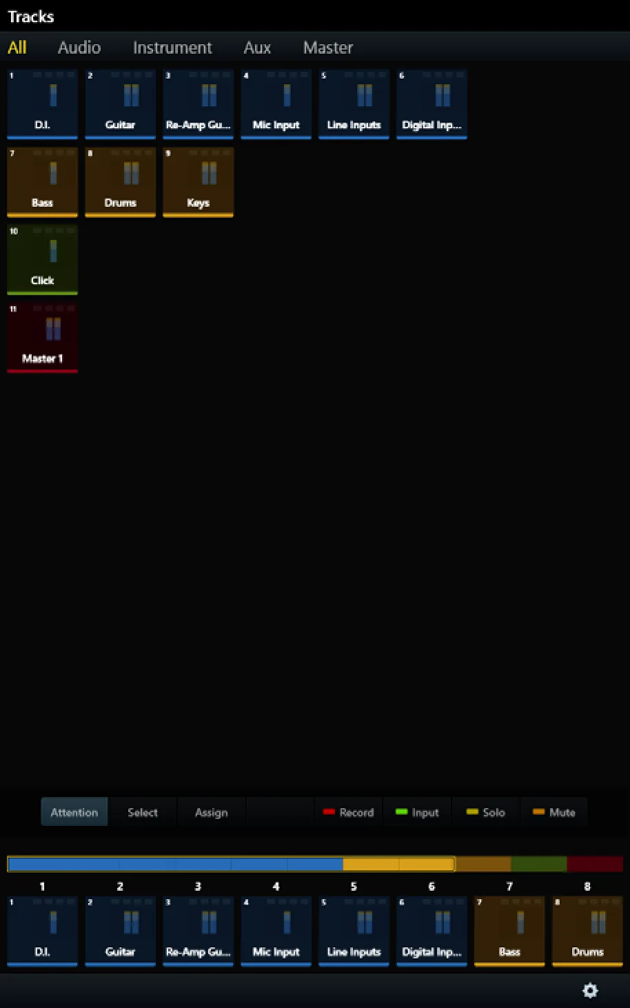 S6, Touchscreen Tracks tab listing the workstation tracks