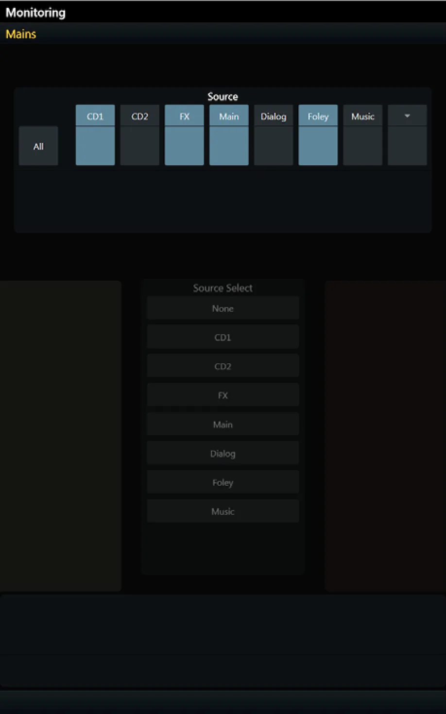 S6, Touchscreen Monitoring tab with sources and monitor outputs