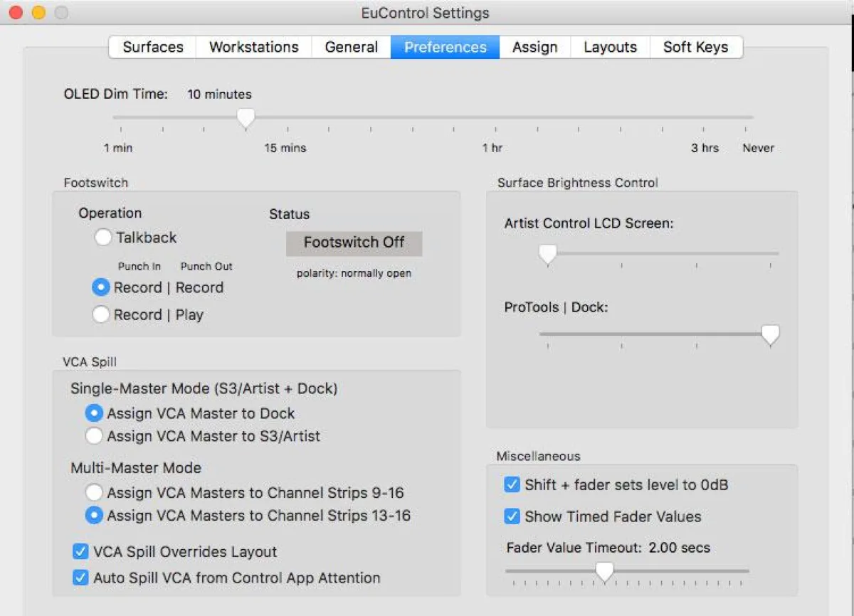 EuControl Preferences tab (capture from the Pro Tools | Control guide)